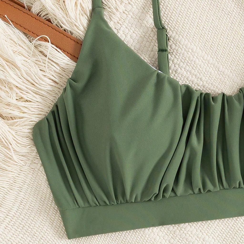 High Waist Bikini Set for Women Solid Color Pleated Sling Two Piece Swimwear Sexy Beachwear Summer Bathing Suit Fashion Trendy