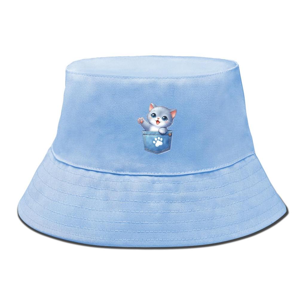 Bucket Hat With Cute Cat Print , Dog Claw Pocket Fisherman Cap Solid Color Wide Brim Unisex Basin Hat