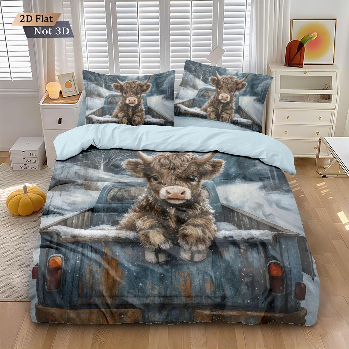 

3Pcs Cartoon Highland Cow Animal Print Coreless Down Duvet Cover Set, Comfortable Bedroom Bedding Decoration, Machine Washable 135x200cm-EU-Single&set