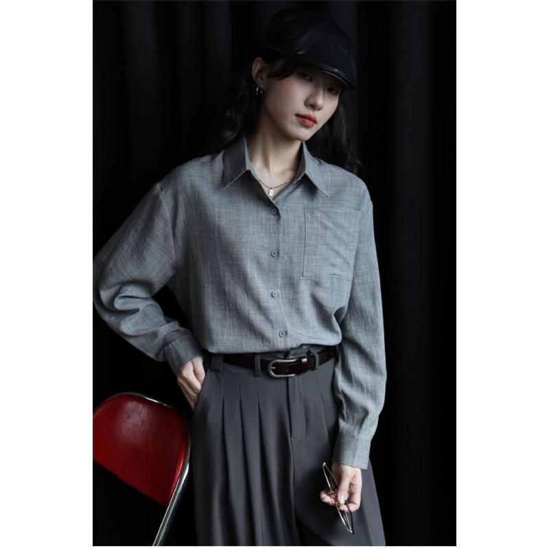Retro Hong Kong Style Solid Color Long-sleeved Shirt for Women Autumn New Green Design with Loose Shirt Inside