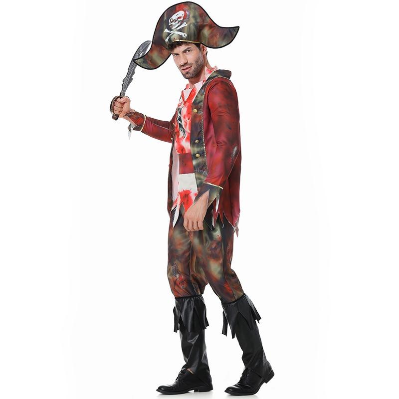 Halloween Adult Pirates of the Caribbean Costume, Masquerade Bloodstained Zombie Ghost Skeleton Captain
