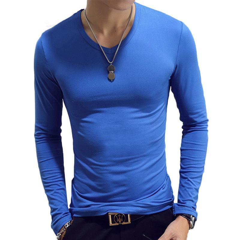 Herrenbekleidung, 7 Farben, lässig, Slim-Fit, einfarbig, langärmelig, O/V-Ausschnitt, Baumwolle, T-Shirts