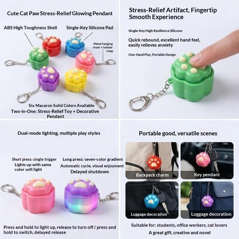 Cute Glowing Cat Paw Keychain Press Activated Light 6 Vibrant Colors Creative Pendant for Backpack Valentine's Day Small Gift