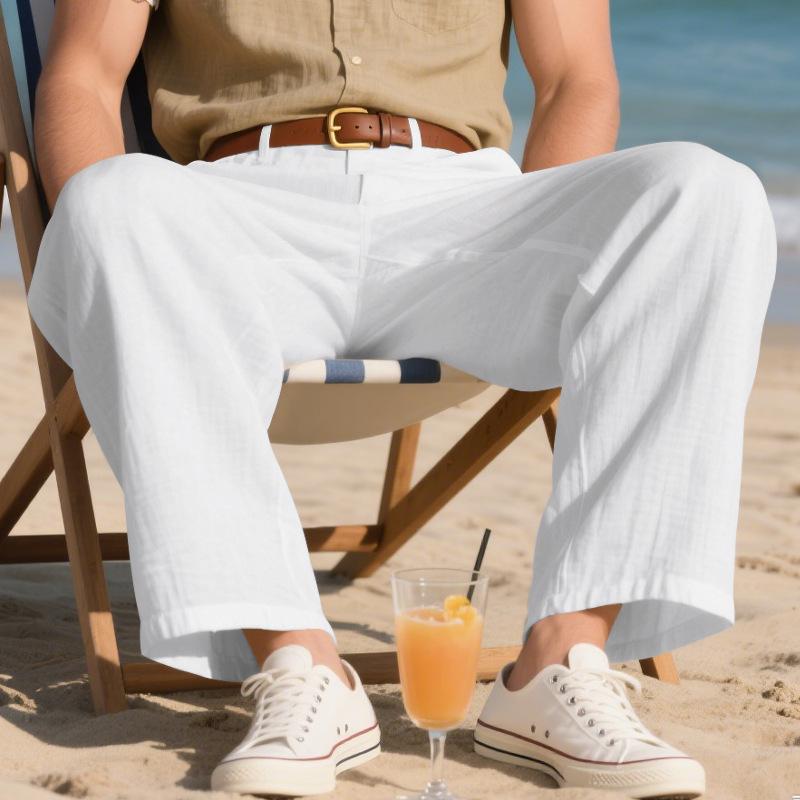 Pánské módní jednobarevné lněné pánské goulashové ležérní volné business kalhoty