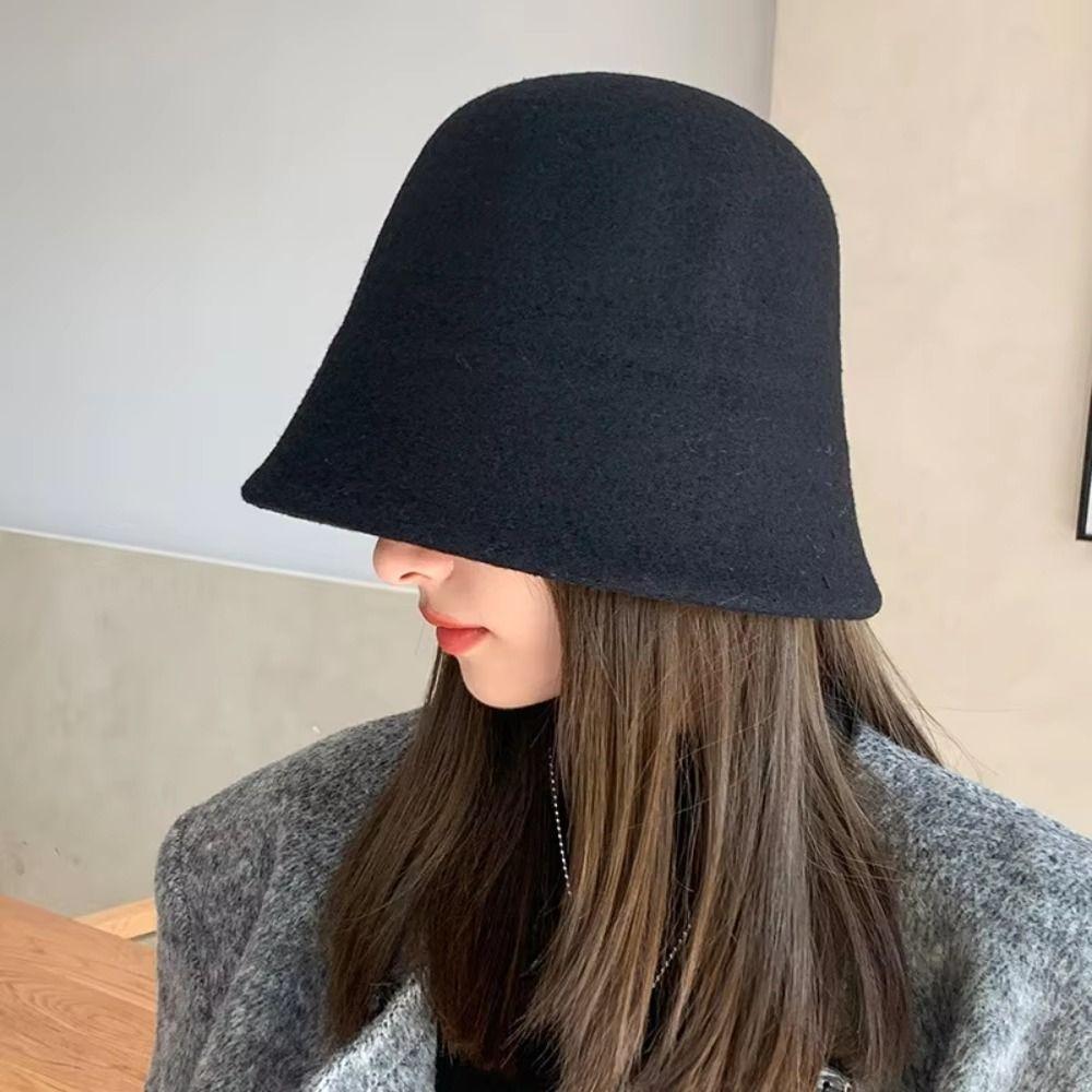 Solid Color Wool Fisherman Hat Warm Basin Hat Sweet Warm Bucket Hat  Girl