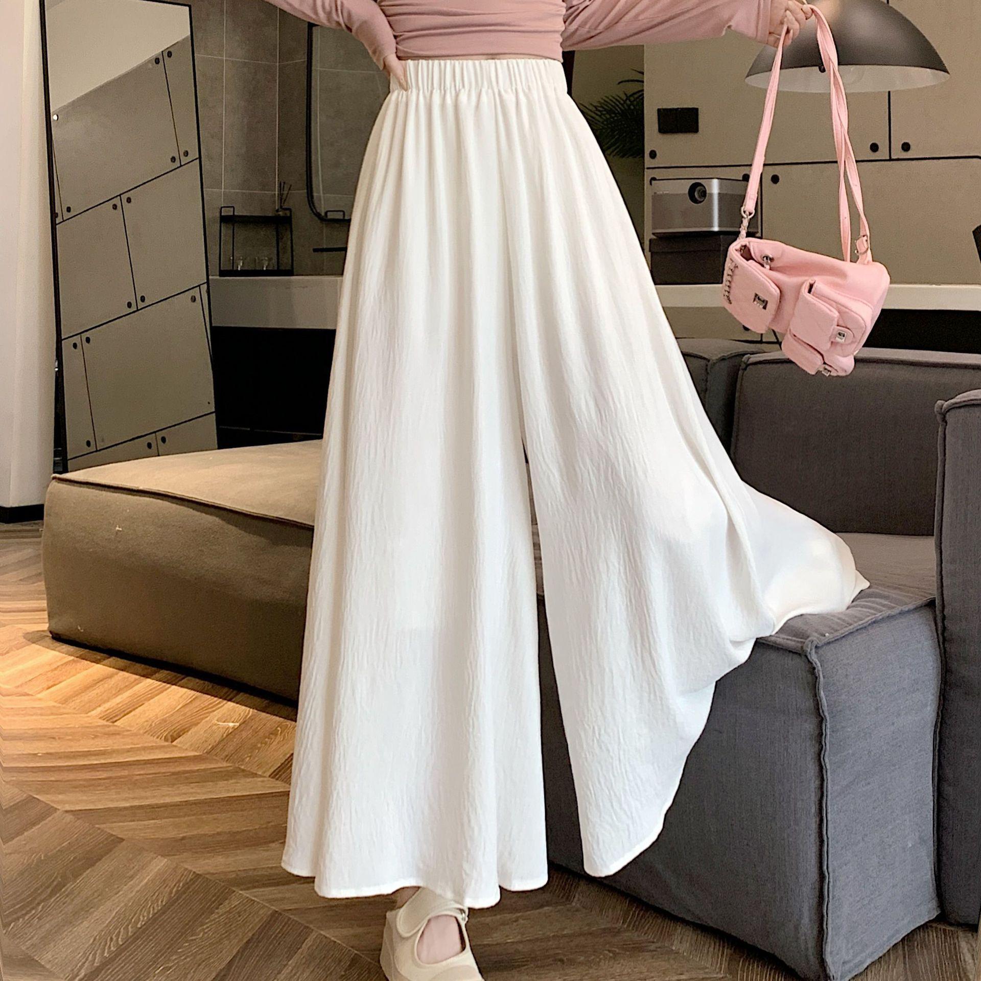 White High-Waisted Wide-Leg Summer Culottes for Women - Slimming Petite Loose Drape Style L