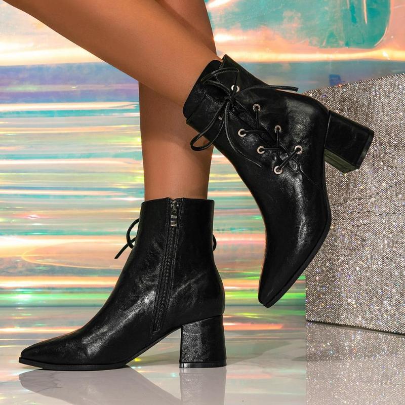 Fashion Sexy Pointed Toe Lace Up High Heel Ankle Boots Women Fashion Side Zipper Thick Bottom Designer Boots Big Size Black Botas Mujer