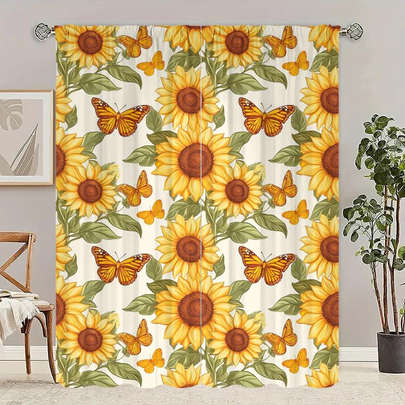 2pcs- Butterfly Sunflower polyester curtains, pole bag curtains 42*84, bedroom, living room, home room, party decoration