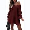 Mid-Length Off-Shoulder V-Neck Loose Knit Sweater with Bottom Slit