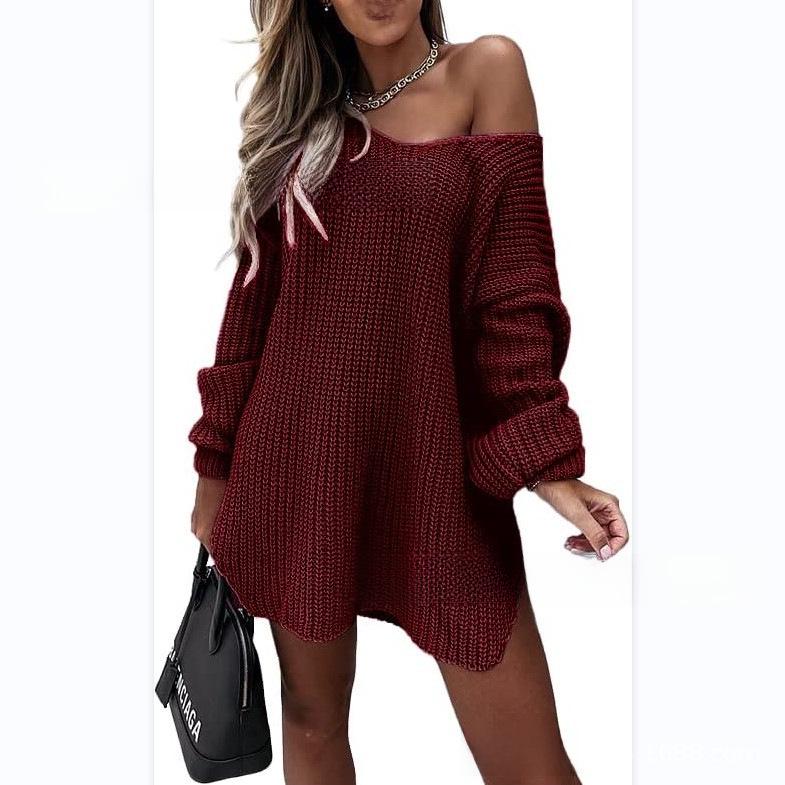 Mid-Length Off-Shoulder V-Neck Loose Knit Sweater with Bottom Slit