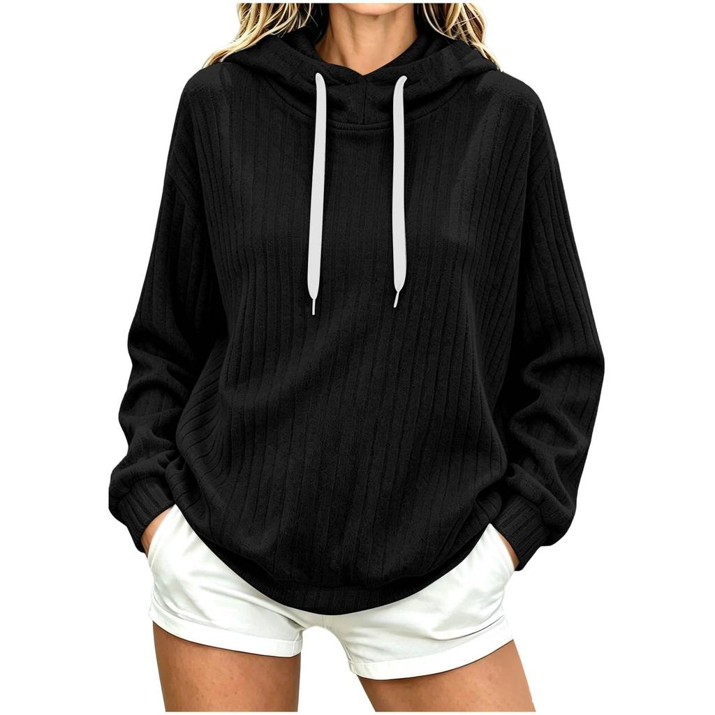 Womens Hoodies Ribbed Long Sleeve Soft Pullover Sweatshirt