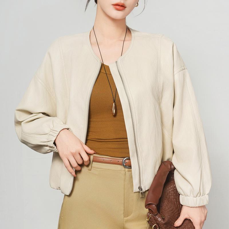 Women’s Genuine Sheepskin Leather Cardigan Jacket - Short, Round Neck, Loose Fit for 2026 Spring/Autumn.