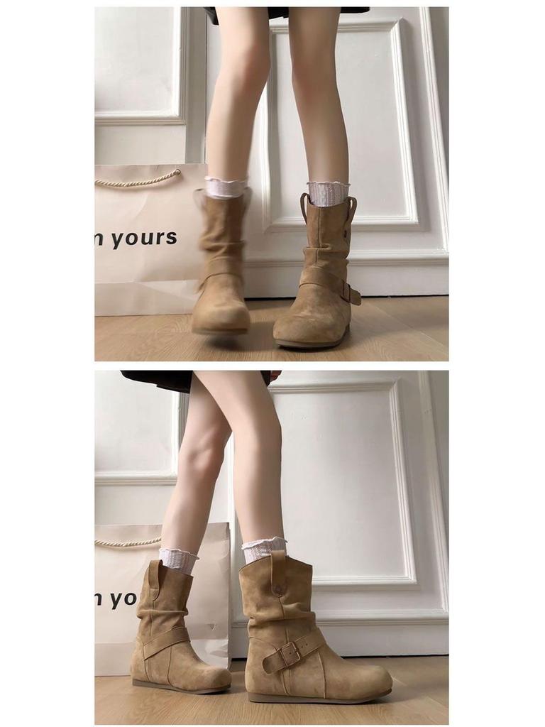 Damskie botki retro z okrągłym noskiem - Jesień/Zima Gruba podeszwa Styl kowbojski