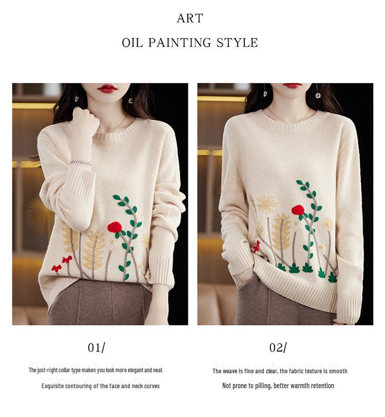 2025 Fashion Wool Crew Neck Embroidered Sweater – Loose, Warm, and Comfortable