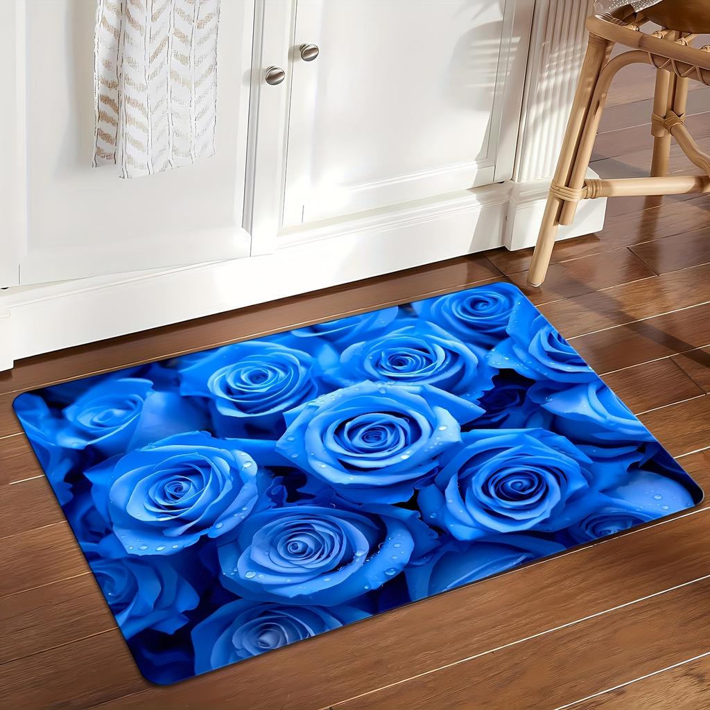 2D Flat Blue Rose Bouquet Flannel Area Rug Non Slip Romantic Floral Carpet for Living Room Bedroom Sofa Floor Decor