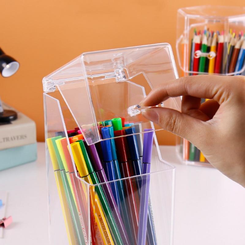 Tabletop Clear Pencil Holder with Lid Storage Box Dustproof Student Office Desk Organizer