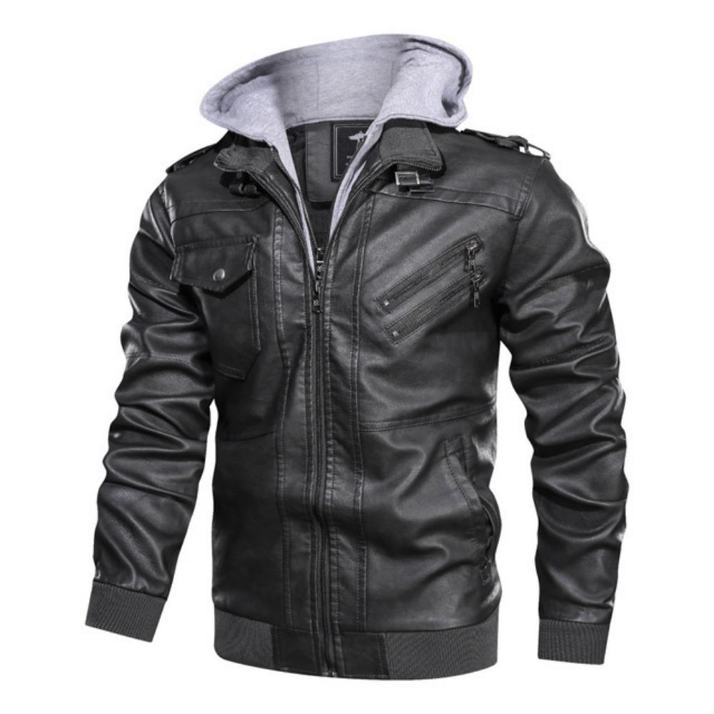 Men's Leather Retro Motorcycle PU Leather Jacket Autumn and Winter Removable Men's Hooded Jacket