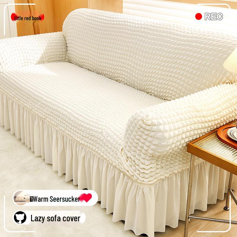 Universal Cream Seersucker Sofa Slipcover - Full Wrap, Four Seasons, One-Piece Protective Cover for Double & Triple Sofas