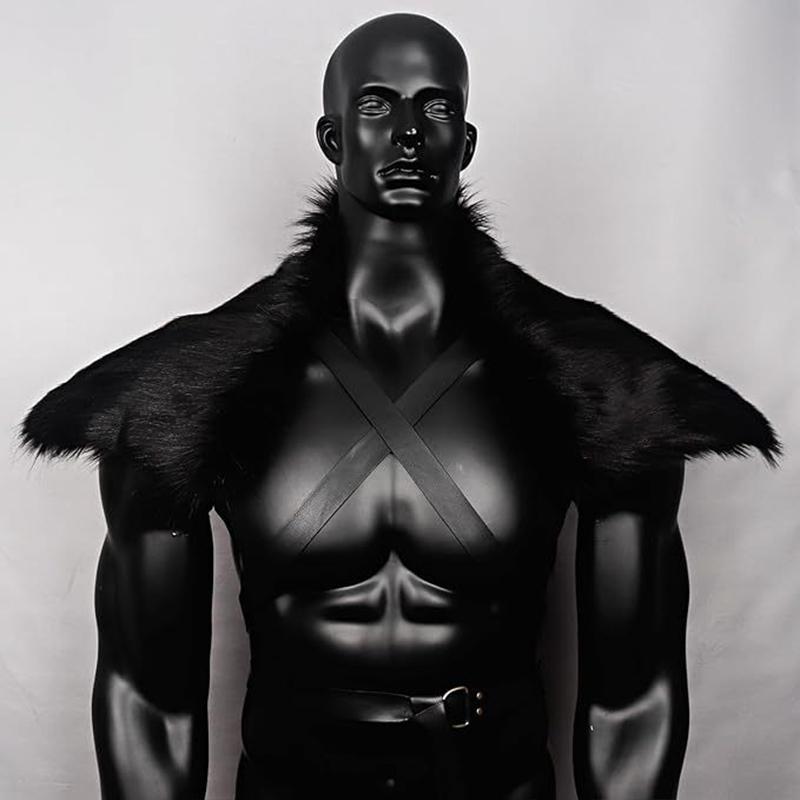 Man Medieval Faux Fur Cape Shoulder Cloak With Chest Strap Faux Fur Collar Retro Viking Fur Cape Halloween Cosplay Costume