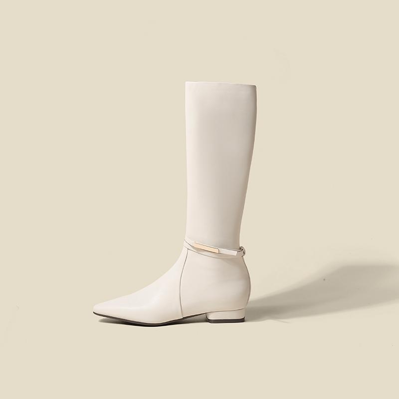 Neue Britische Schlupfstiefel Damen Spitzzehe Niedrige Blockabsätze Kniehohe Stiefel Spaltleder Lässige Herbst Winterschuhe