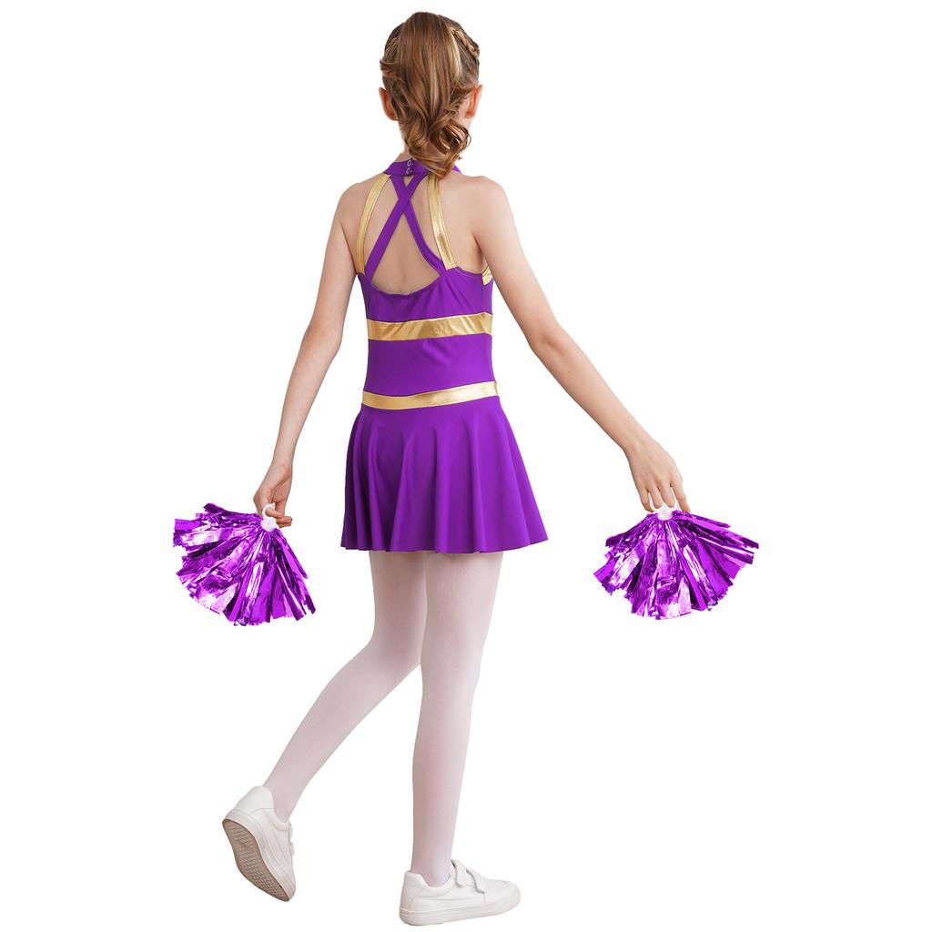 Girls Sleeveless Letters Printed Patchwork Hollow Back Dress Tassel Flower Balls Pair Cheerleading Dance Costume