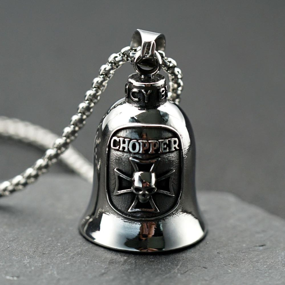 Stainless Steel Viking Motorcycle Pendant Gothic Punk Biker Jewelry for Men with Exorcism Bell