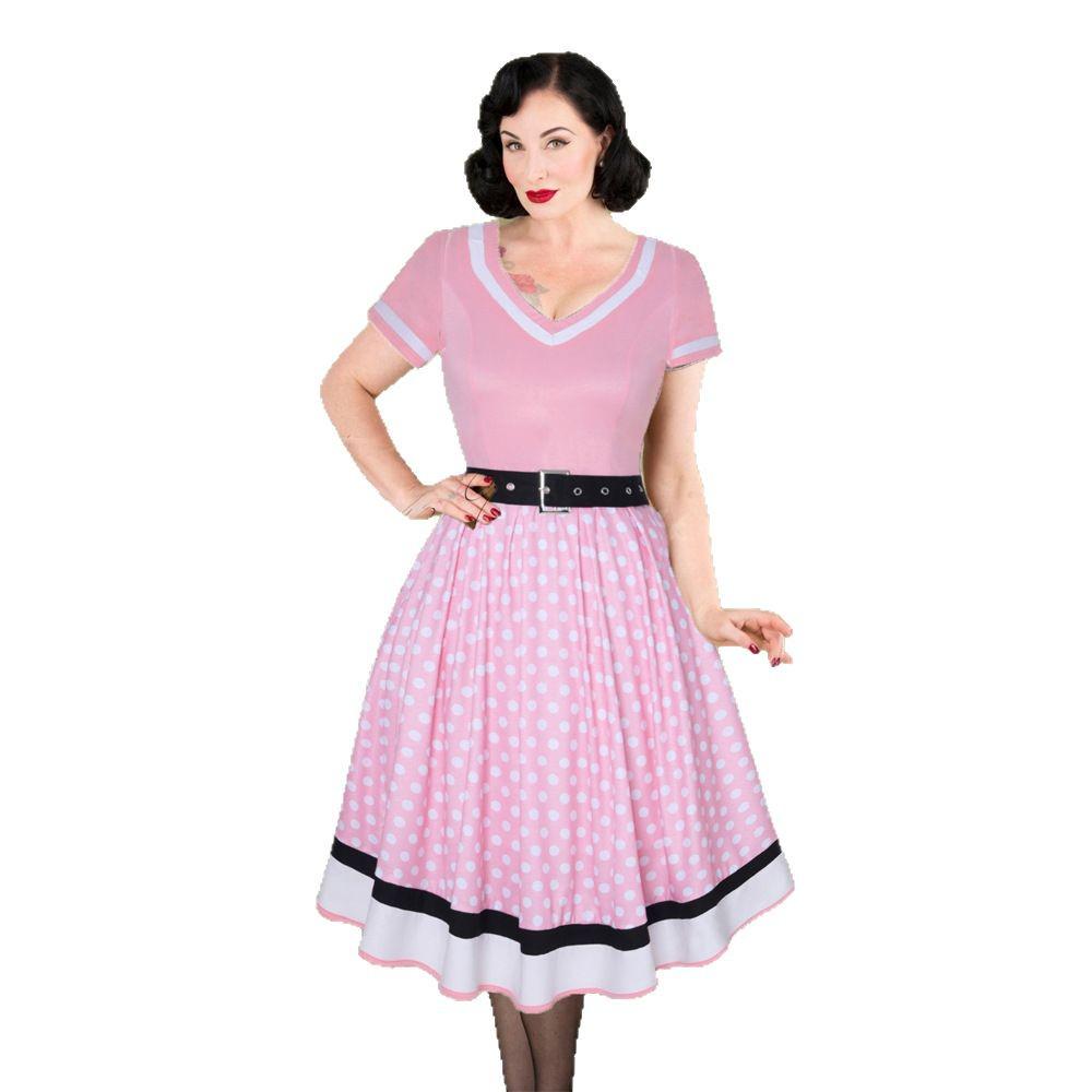 Retro Hepburn Stil Gepunktetes Baumwollkleid mit V-Ausschnitt und breitem Saum