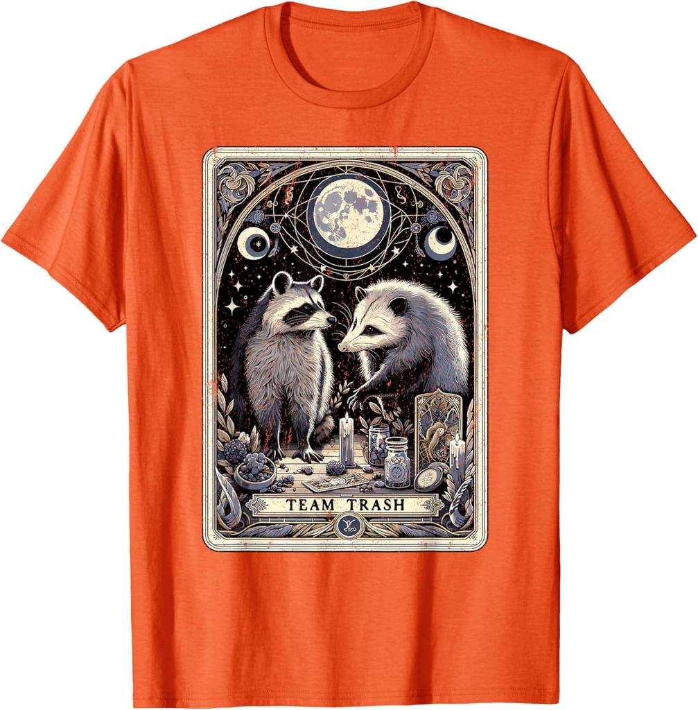 Team Trash Raccoon Opossum Tarot Card Graphic Print Cotton Short Sleeve T-Shirt Casual Trip