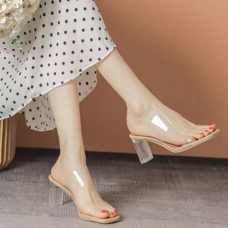 Transparent high heels 2025 new fashion sexy crystal thick heel sandals slippers women's summer outer wear temperament middle heel