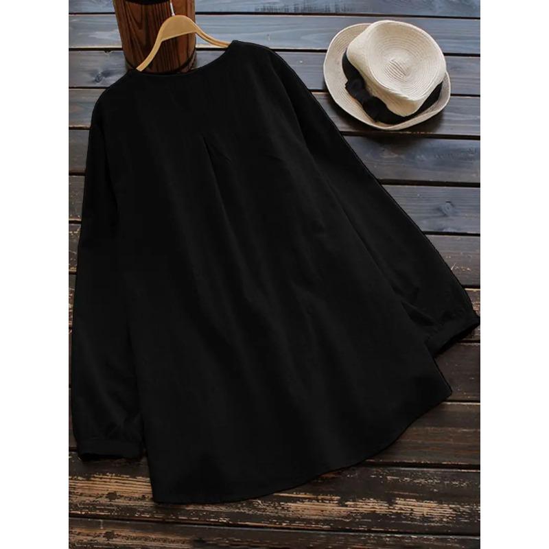 Loose Cotton Linen Long Sleeve Pleated Round Neck Plus Size Women S Shirt