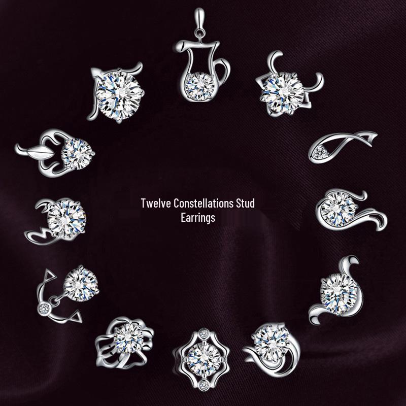 Wei Hua Retro Zodiac Silver-Plated Zircon Stud Earrings for Women