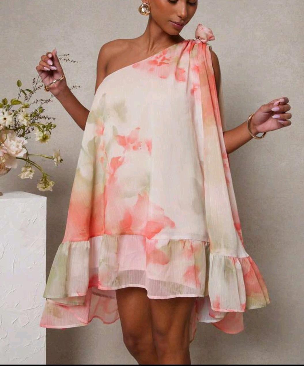 Europe, America 2026 hot sale new fashion loose digital printing short slanted shoulder sleeveless women s dress S