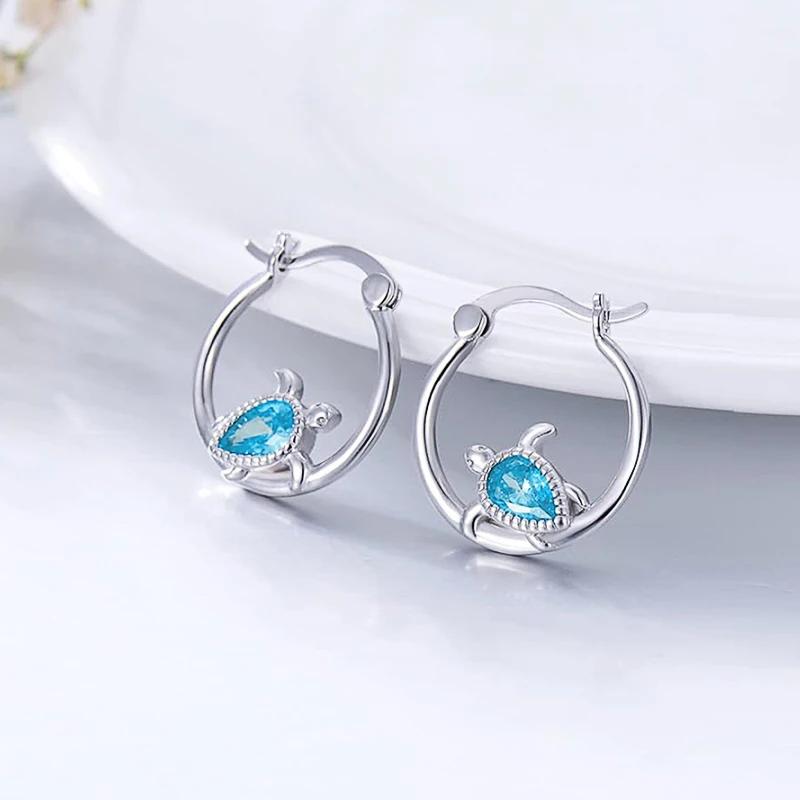

Huitan Funny Turtle Designed with Blue CZ Hoop Earrings for Women Creative Cute Ear Accessories Charms Girl Daily Party Zircon