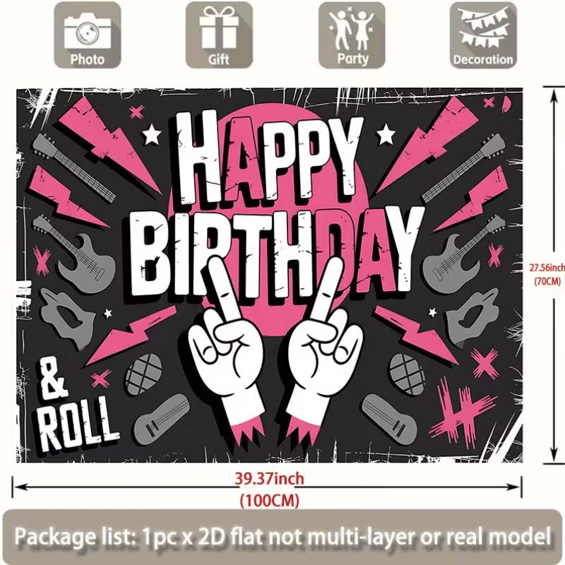 2D Printed Pink Black Rock Birthday Backdrop for Party Photoshoot