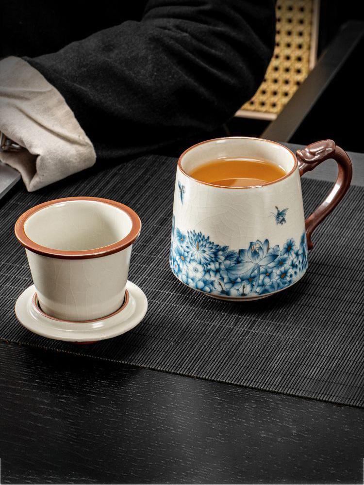 350ml Exquisite Blue & White Porcelain Tea Infuser Mug with Lid and Filter, Ceramic Water Separation Cup for Home Office Gifte