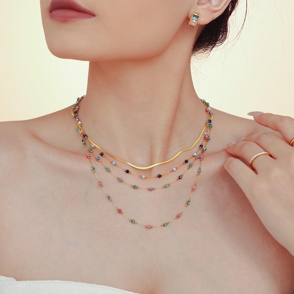 Natural Lapis Lazuli Handmade Beaded Collarbone Necklace, Double Layer Titanium Steel PVD Real Gold Plated Jewelry