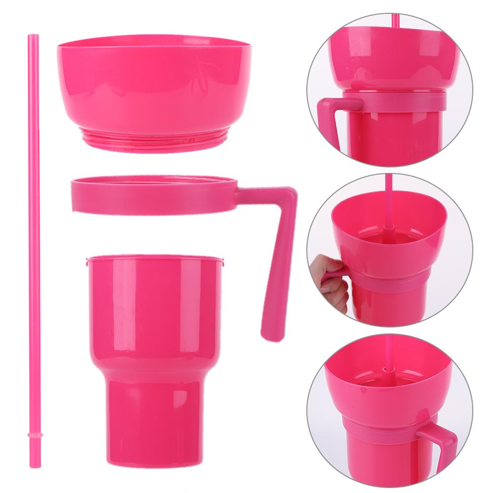 1000ml Popcorn Beverage Cup Multifunction Stadium Tumbler Snack Cup and Bowl Combo Leak-Proof with Straw & Handle for Kids Adult