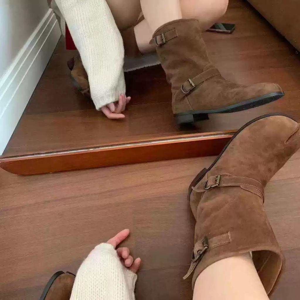 Retro pig's trotters split-toed Martin boots women's autumn and winter new thick heel round head belt buckle western cowboy boots short boots