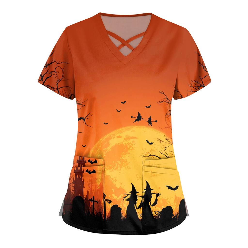 Damenmode V-Ausschnitt Kurzarm Overalls Doppeltasche Halloween Aufdruck Oberteile Bekleidung