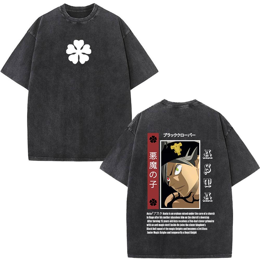 Washed Anime Black Clover Logo Graphic Print T-shirt Harajuku Summer Fashion Casual Cotton Oversized T-shirts Tops Streetwear