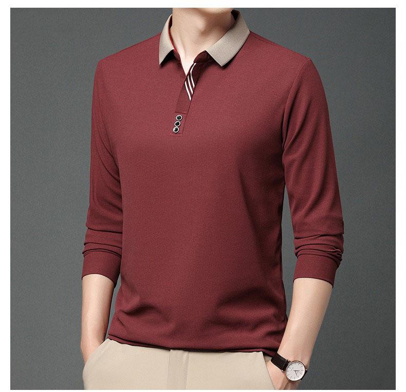 Polo de Manga Comprida Masculino de Primavera Gola Virada Cor Sólida Respirável Confortável Camisetas Casuais com Botões T-shirt Masculina