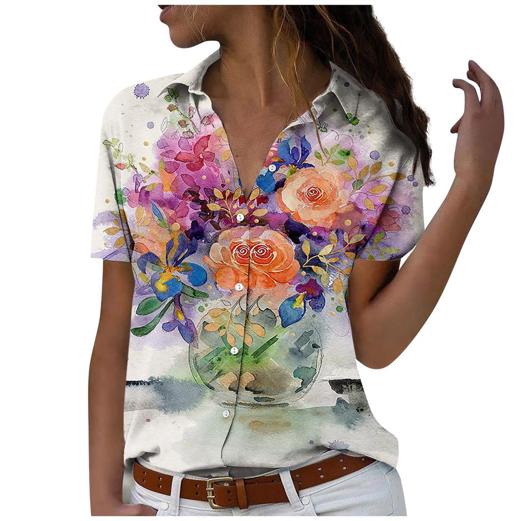 Women's Fashion Casual Short Sleeve Print Buttons Lapel Shirt Top Blouse