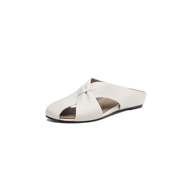 2025 new leather bag head cool slippers women's summer outer wear flat bottom inner height half drag middle heel casual muller leather drag