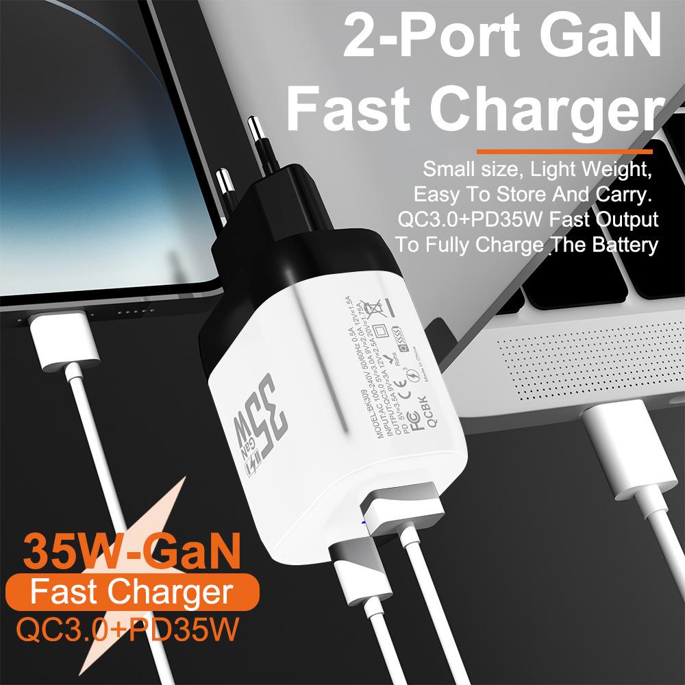 35W GaN Fast Charger with QC 3.0 & PD, Compatible with European & American Standards (9V/12V)