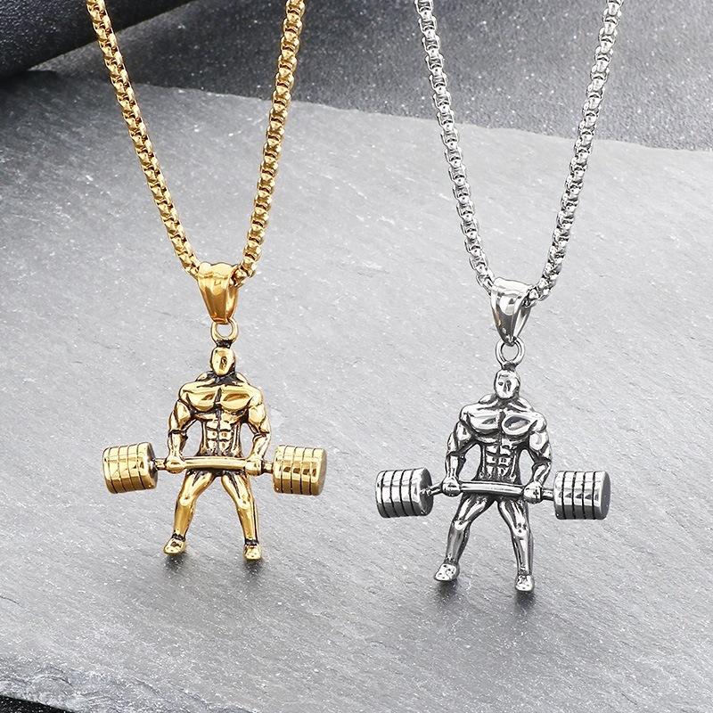 Fashionable Fitness Muscular Man Necklace Barbell Hip-Hop Style Retro Blackened Weightlifting Men's Pendant