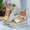 Schuhe für Damen 2026 Sommer Mode Damen Peep Toe Plateau Keilsandalen Riemchen mit Schnalle Übergröße Sandalen Gold Damen Schuhwerk