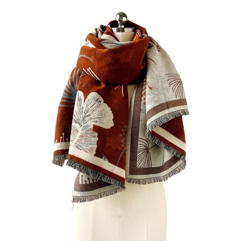Imitation cashmere double-sided soft fringed shawl scarf high-end sense ginkgo biloba intellectual literary and artistic winter warm scarf women