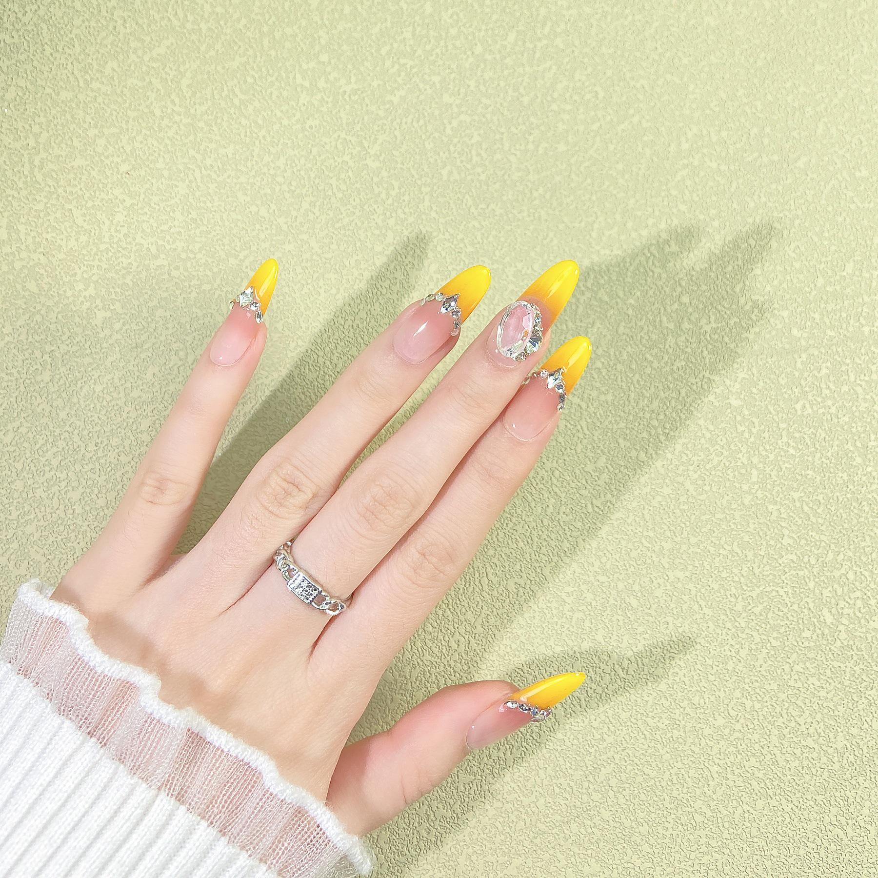 

Handcrafted Lemon Yellow Gradient Nails with Rhinestone Edges - Energetic and Stylish, Perfect for Small Dogs