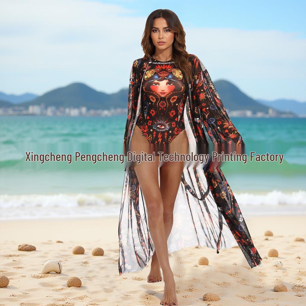 Russian Mesh Sun Protection Long-Sleeve One-Piece Swimsuit Cover-Up for Women