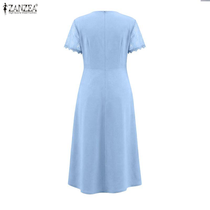 ZANZEA Vestido Feminino Casual de Verão com Gola Redonda, Manga Curta e Renda